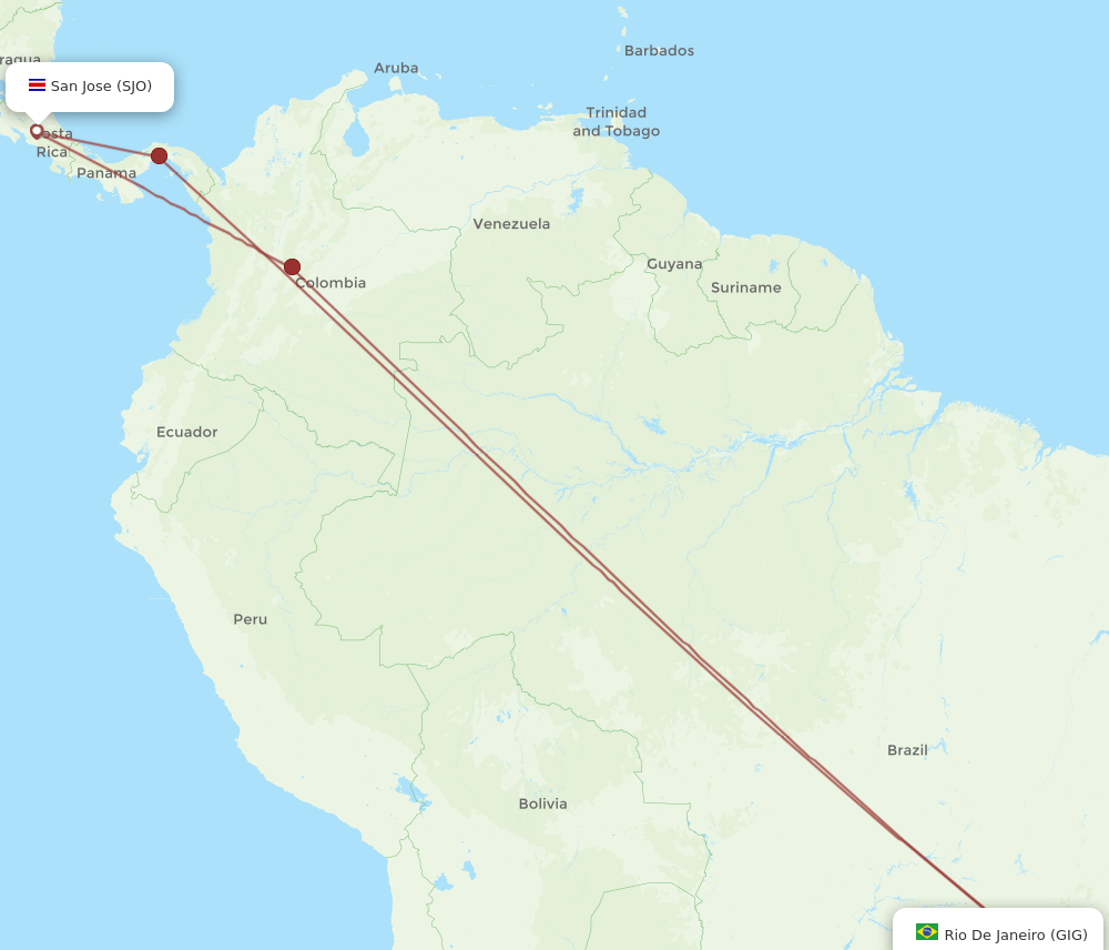 SJO to GIG flights and routes map