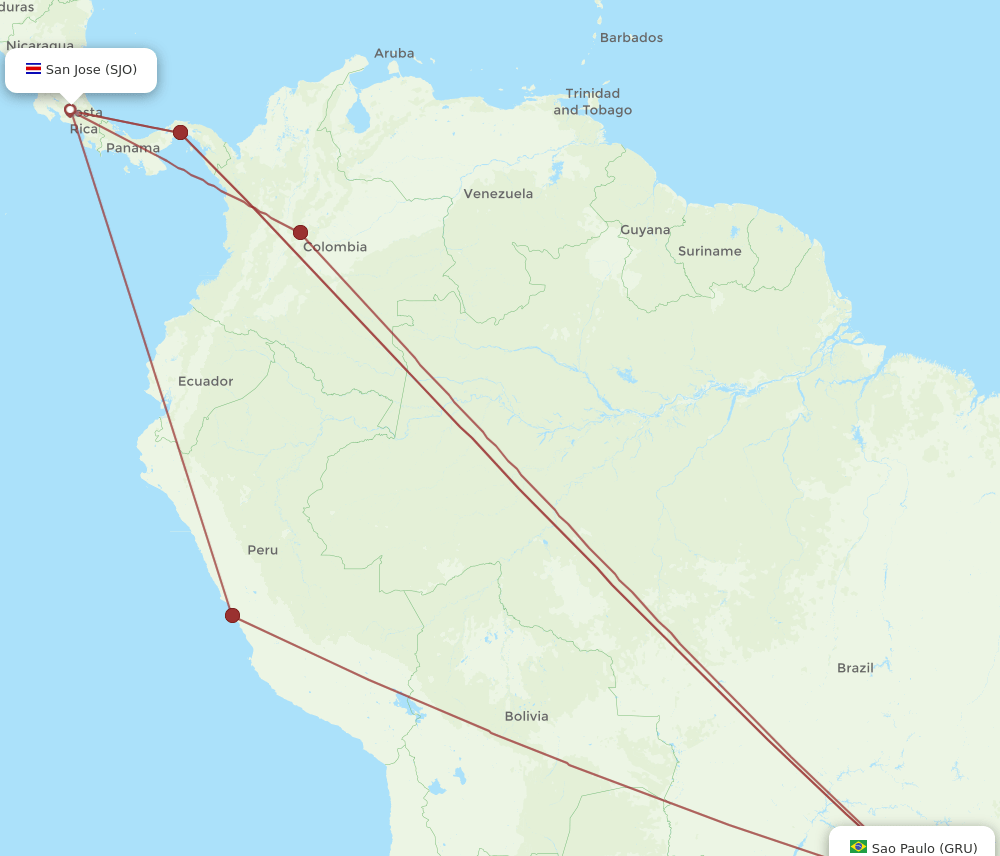 SJO to GRU flights and routes map