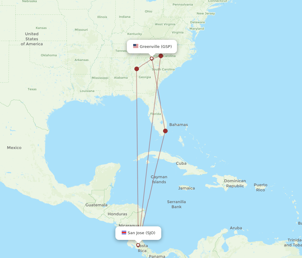 SJO-GSP flight routes