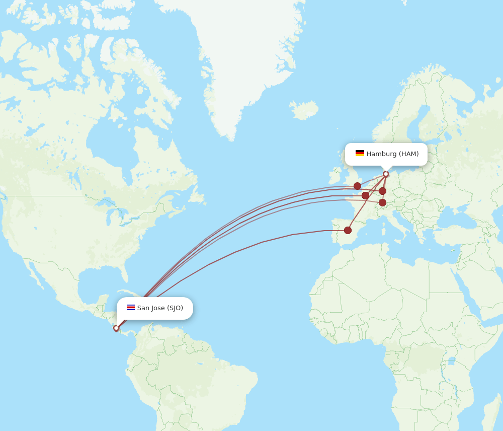 SJO to HAM flights and routes map