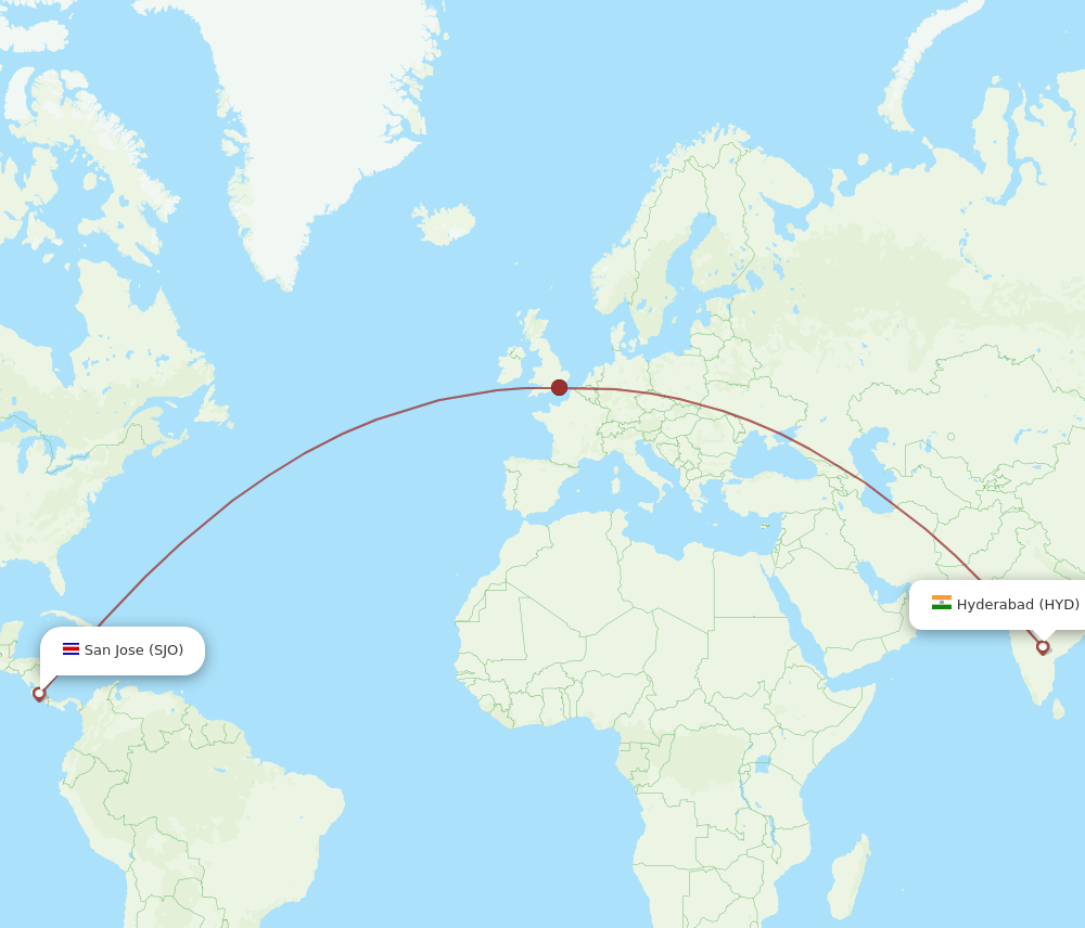 Hyderabad - San Jose route map and flight paths