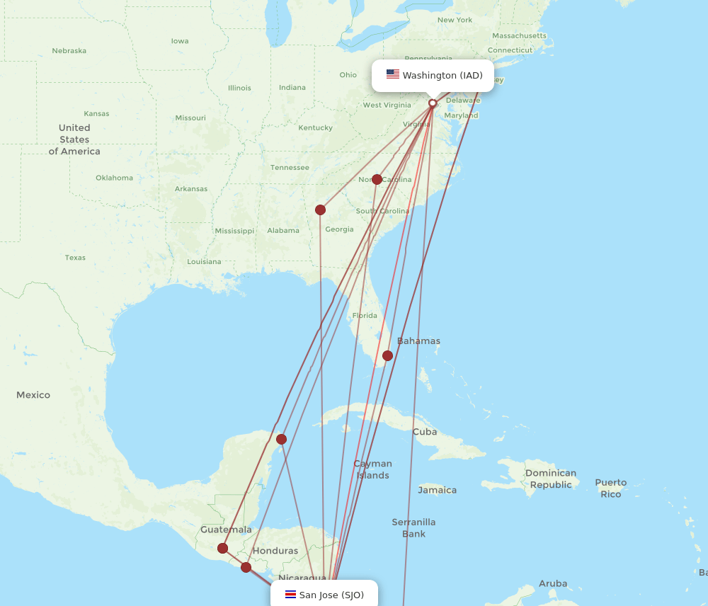 SJO-IAD flight routes