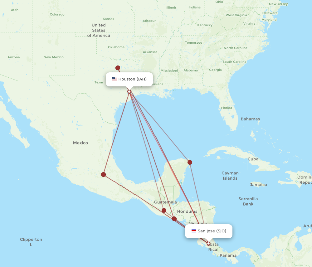 SJO to IAH flights and routes map