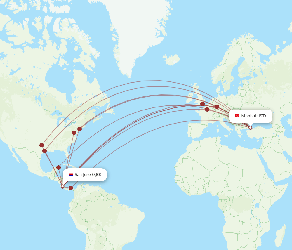 SJO to IST flights and routes map