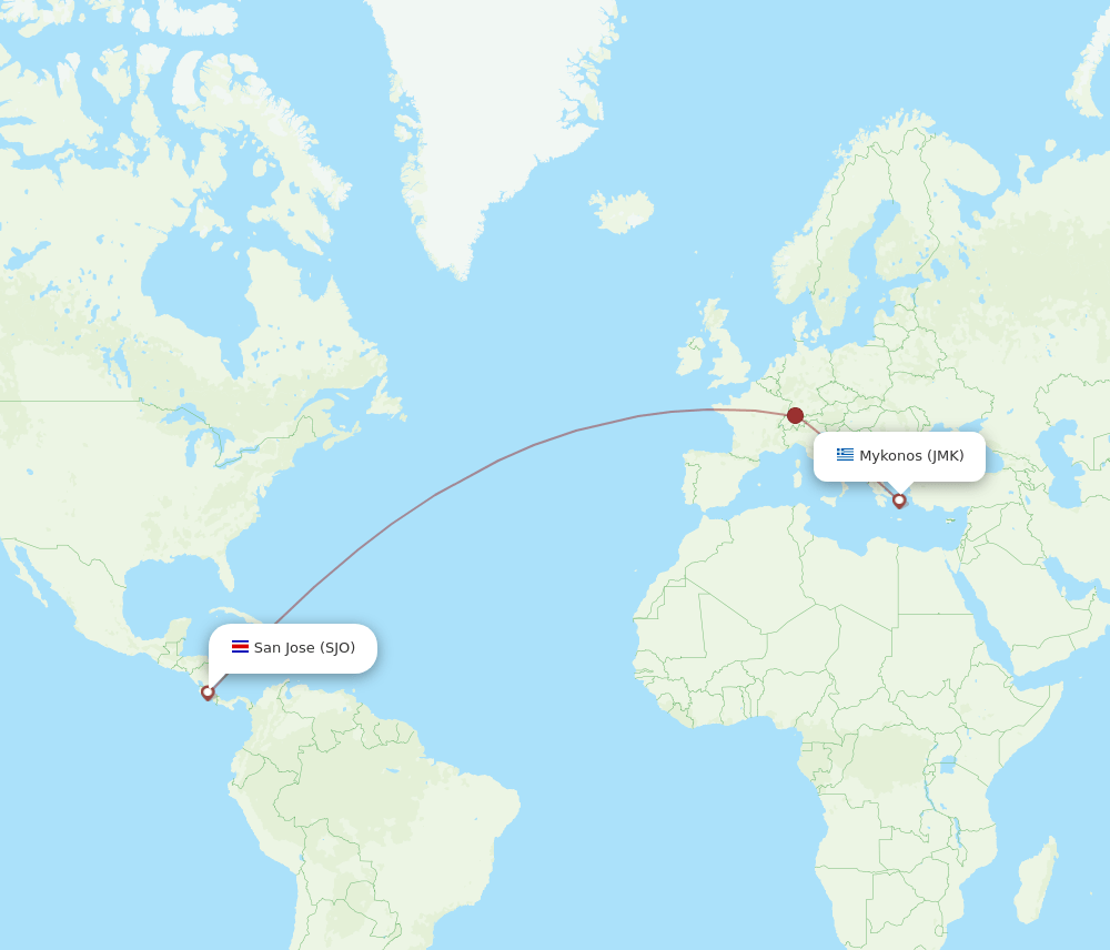 JMK to SJO flights and routes map