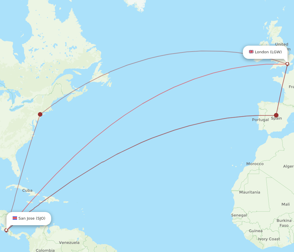 SJO-LGW flight routes
