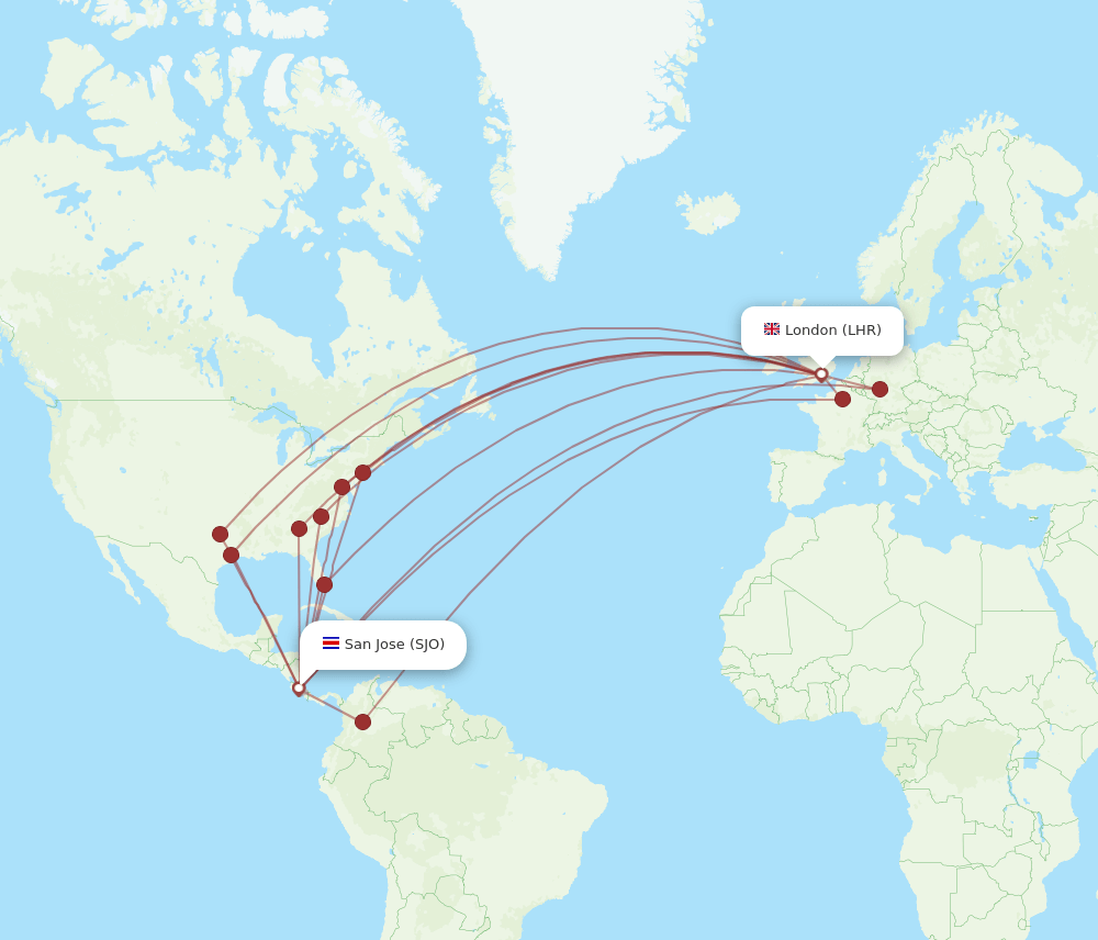 SJO-LHR flight routes