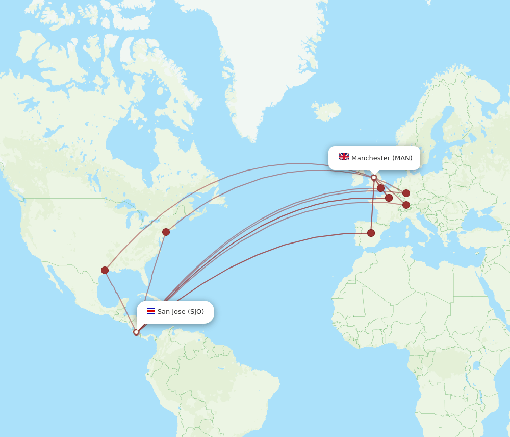 SJO to MAN flights and routes map
