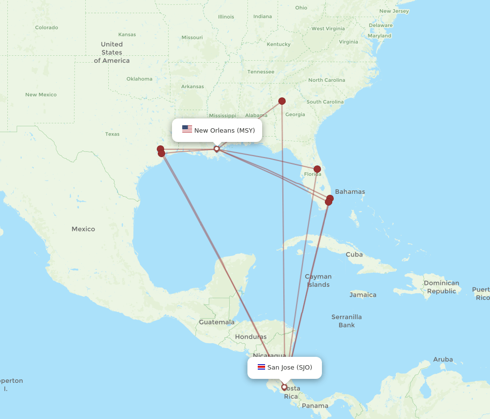 SJO-MSY flight routes