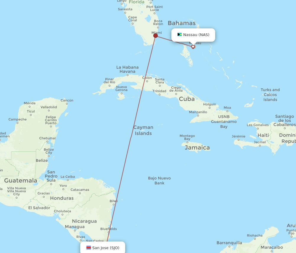 SJO to NAS flights and routes map