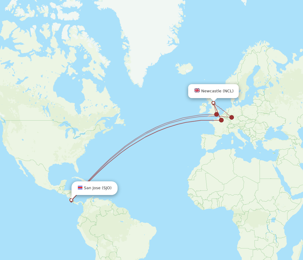 SJO-NCL flight routes
