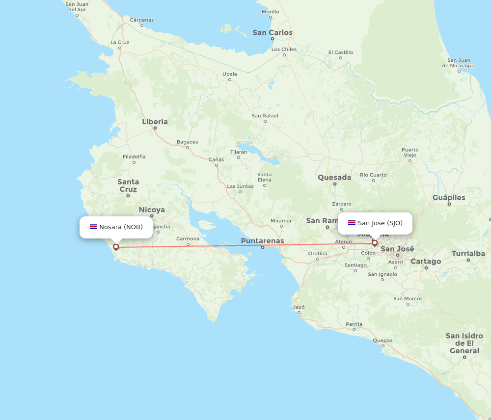 San Jose - Nosara Beach route map and flight paths