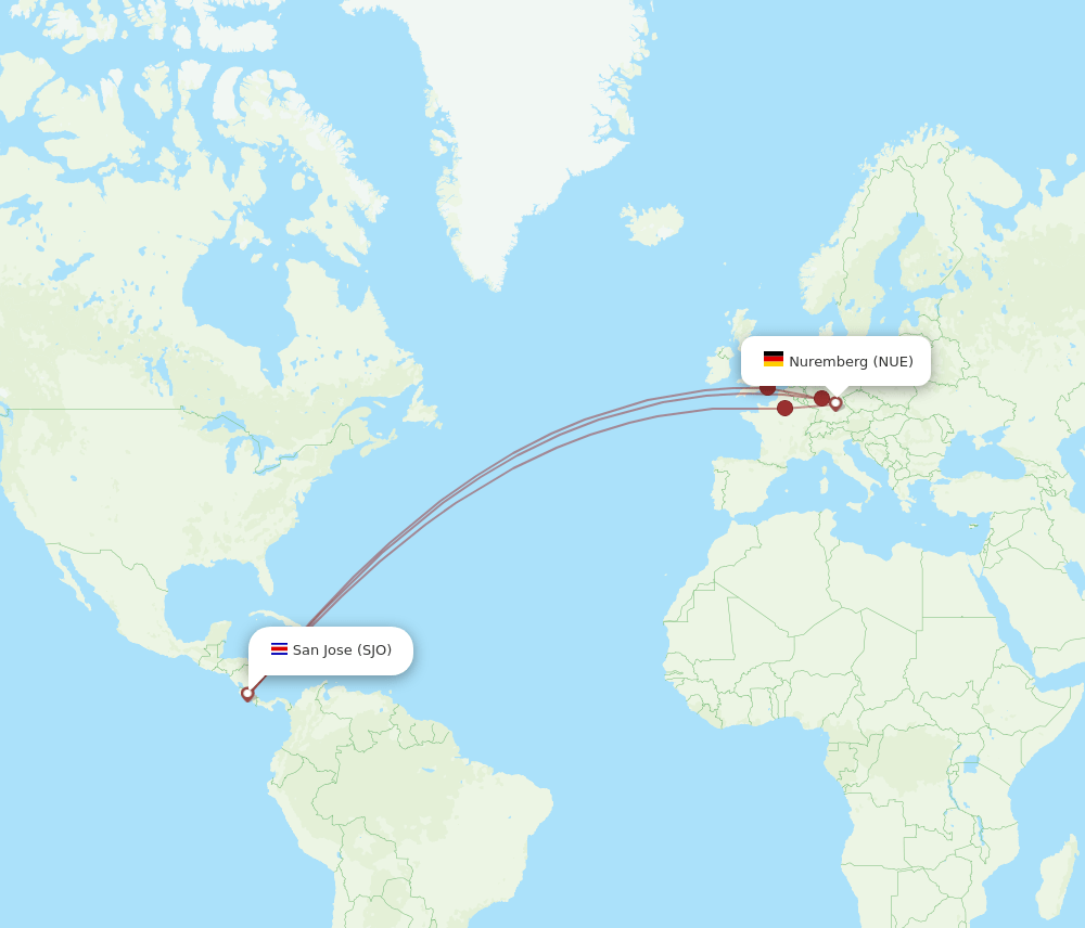 SJO to NUE flights and routes map