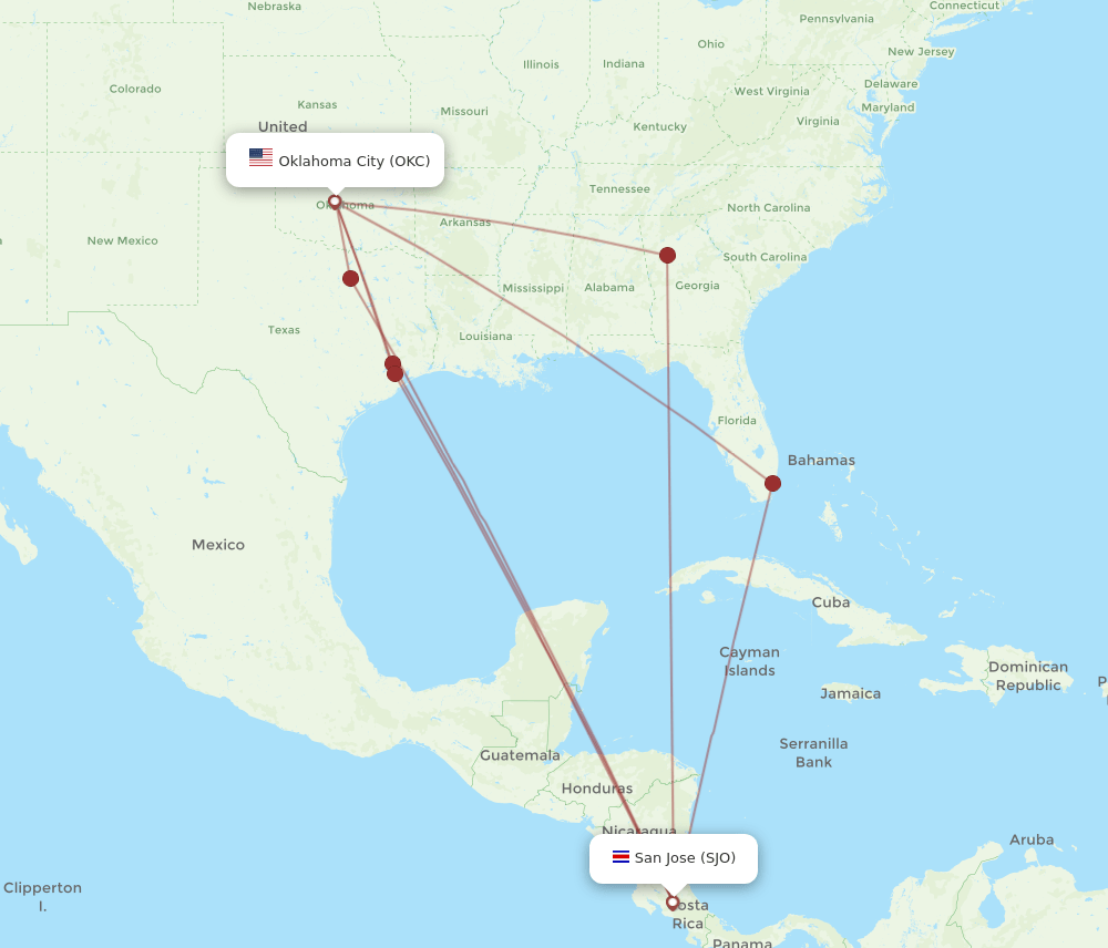 SJO to OKC flights and routes map