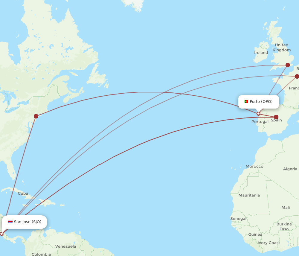 SJO to OPO flights and routes map