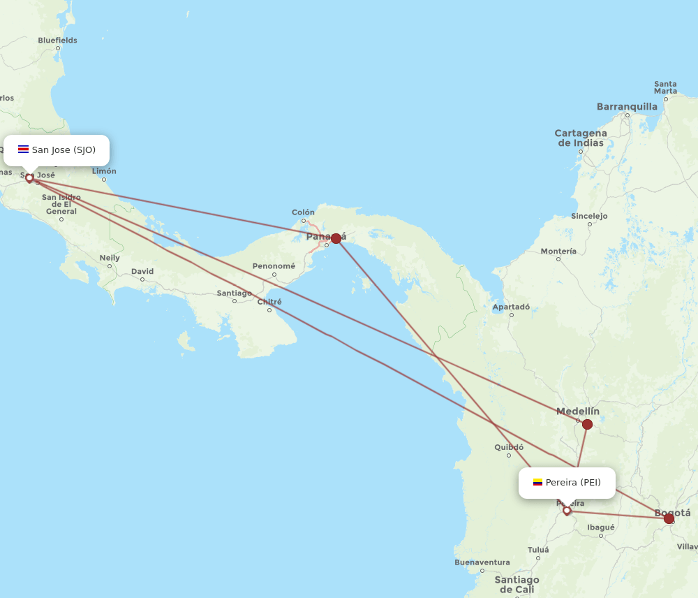 SJO to PEI flights and routes map