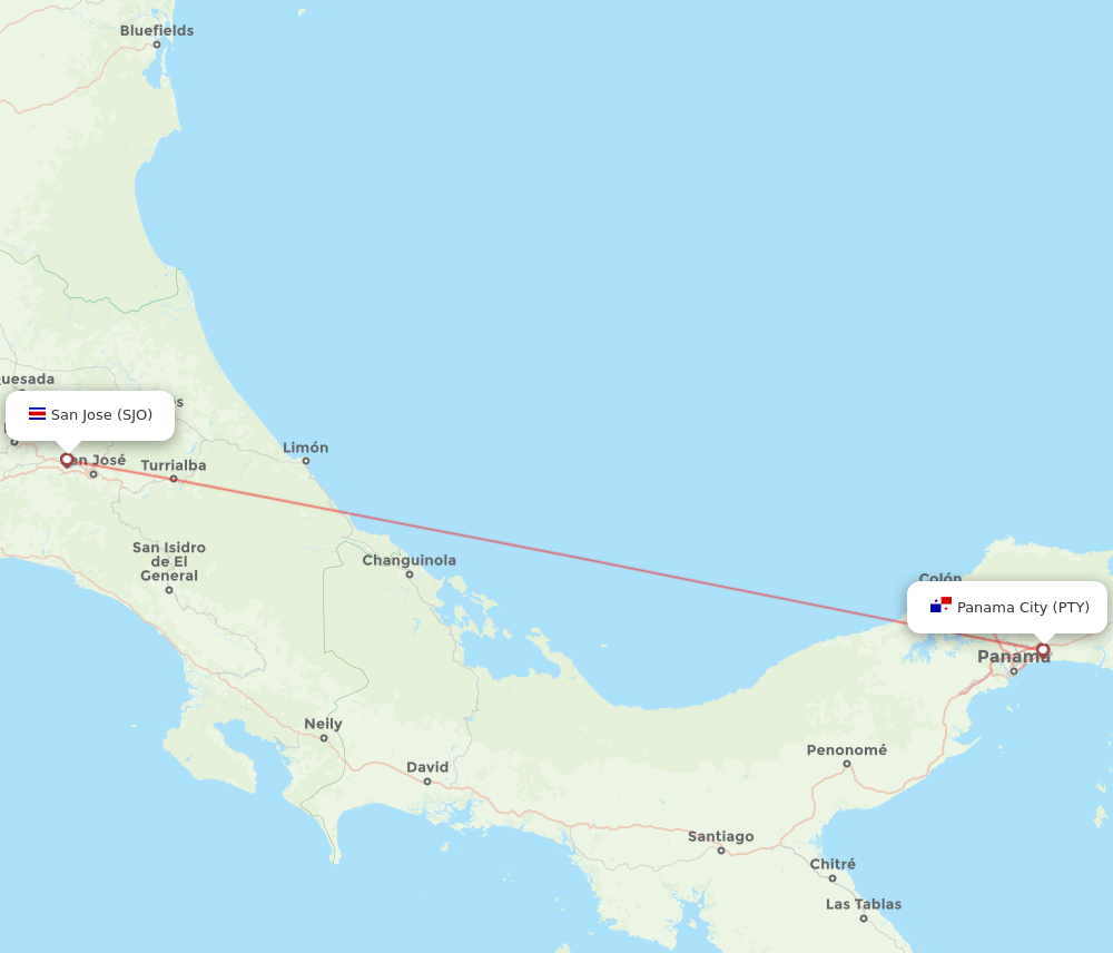 SJO to PTY flights and routes map