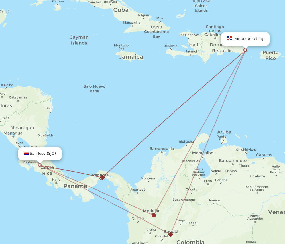 SJO to PUJ flights and routes map