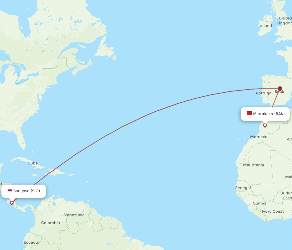 SJO to RAK flights and routes map