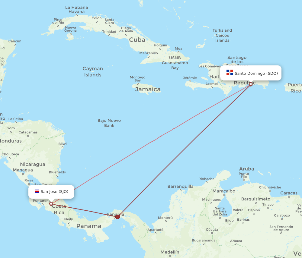 SJO to SDQ flights and routes map