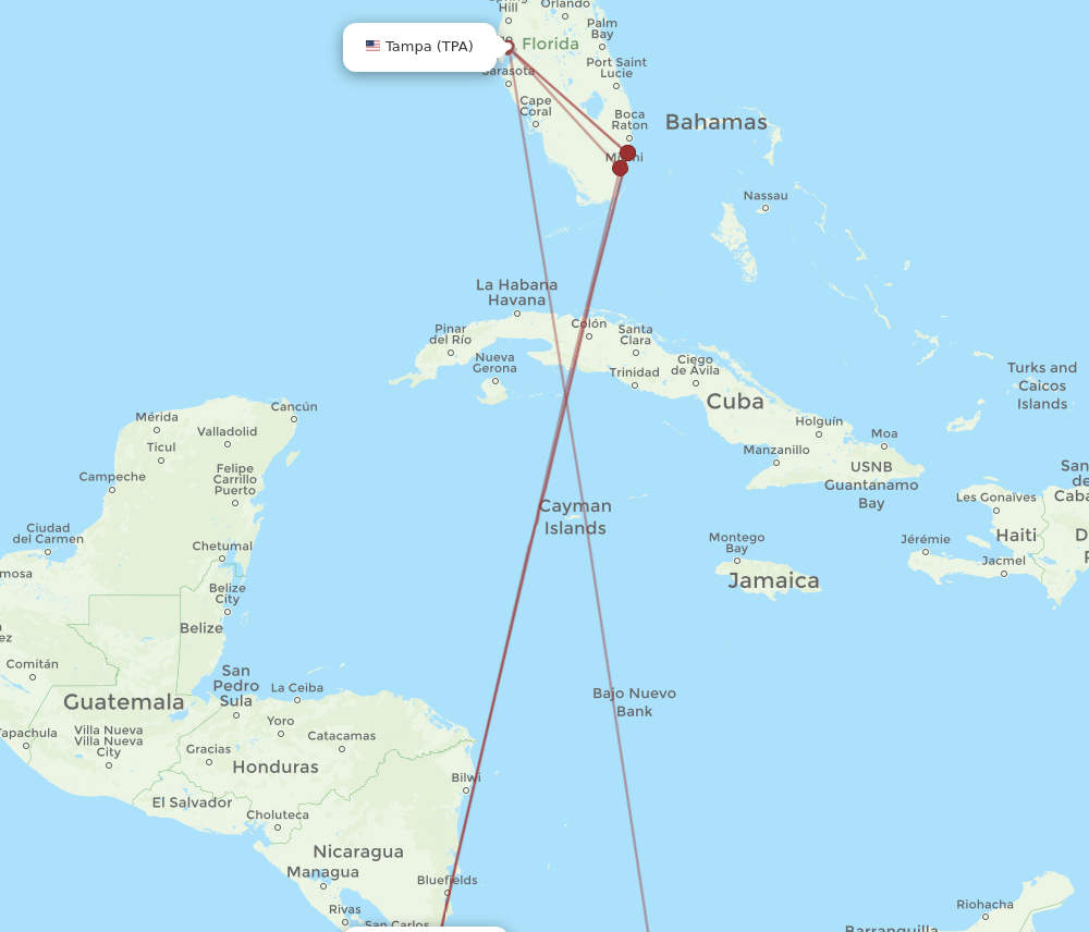 SJO to TPA flights and routes map