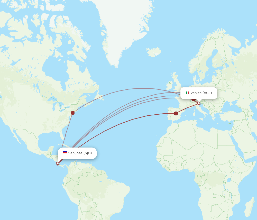 SJO to VCE flights and routes map
