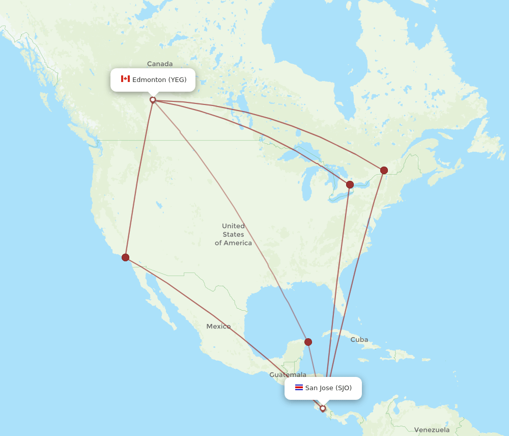 SJO-YEG flight routes
