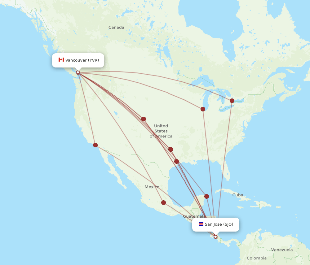SJO-YVR flight routes