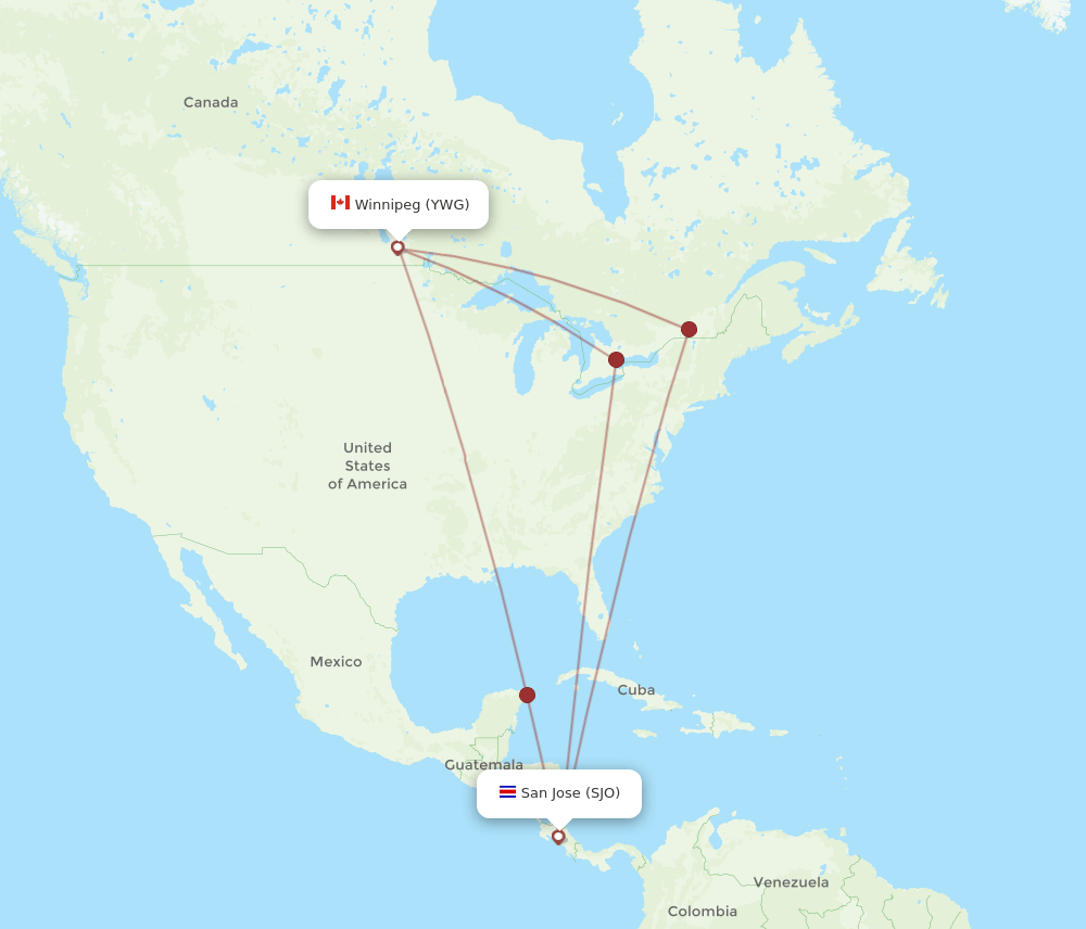 Winnipeg - San Jose route map and flight paths