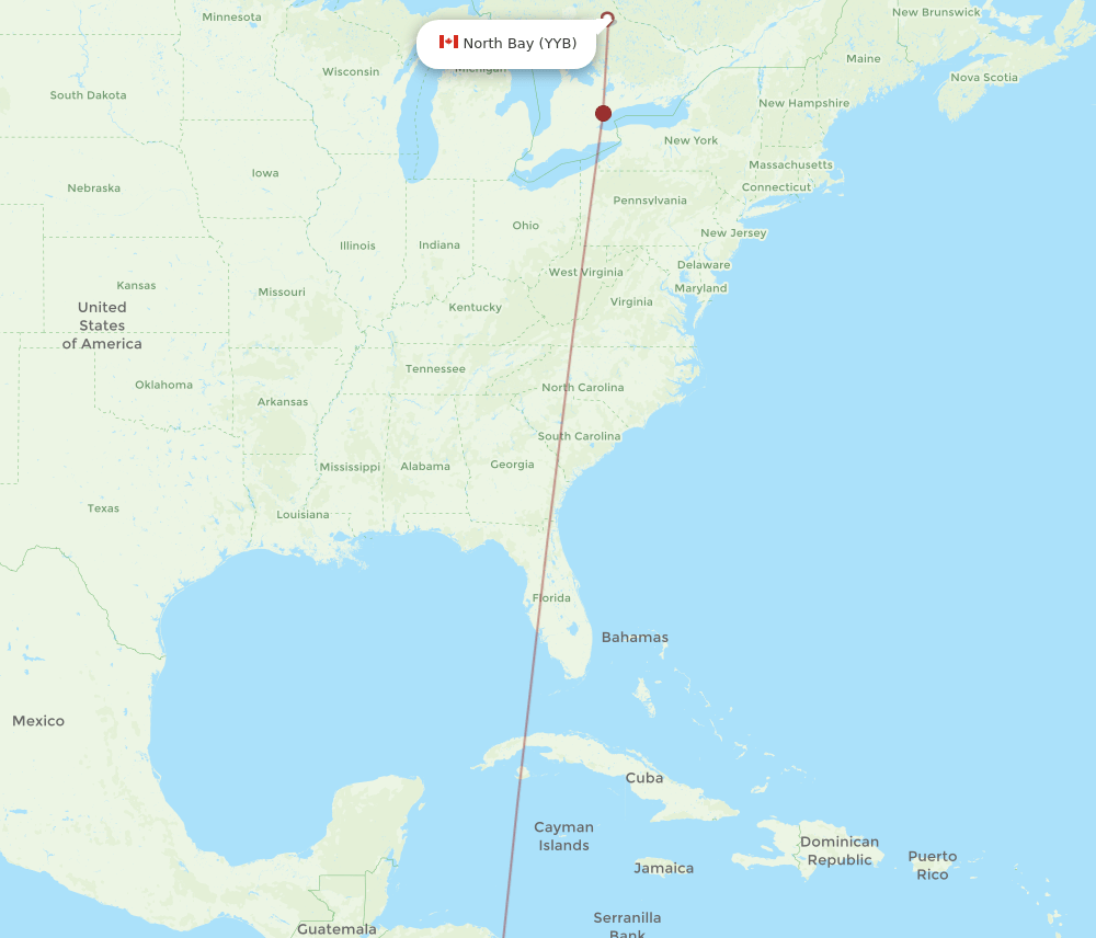 YYB to SJO flights and routes map