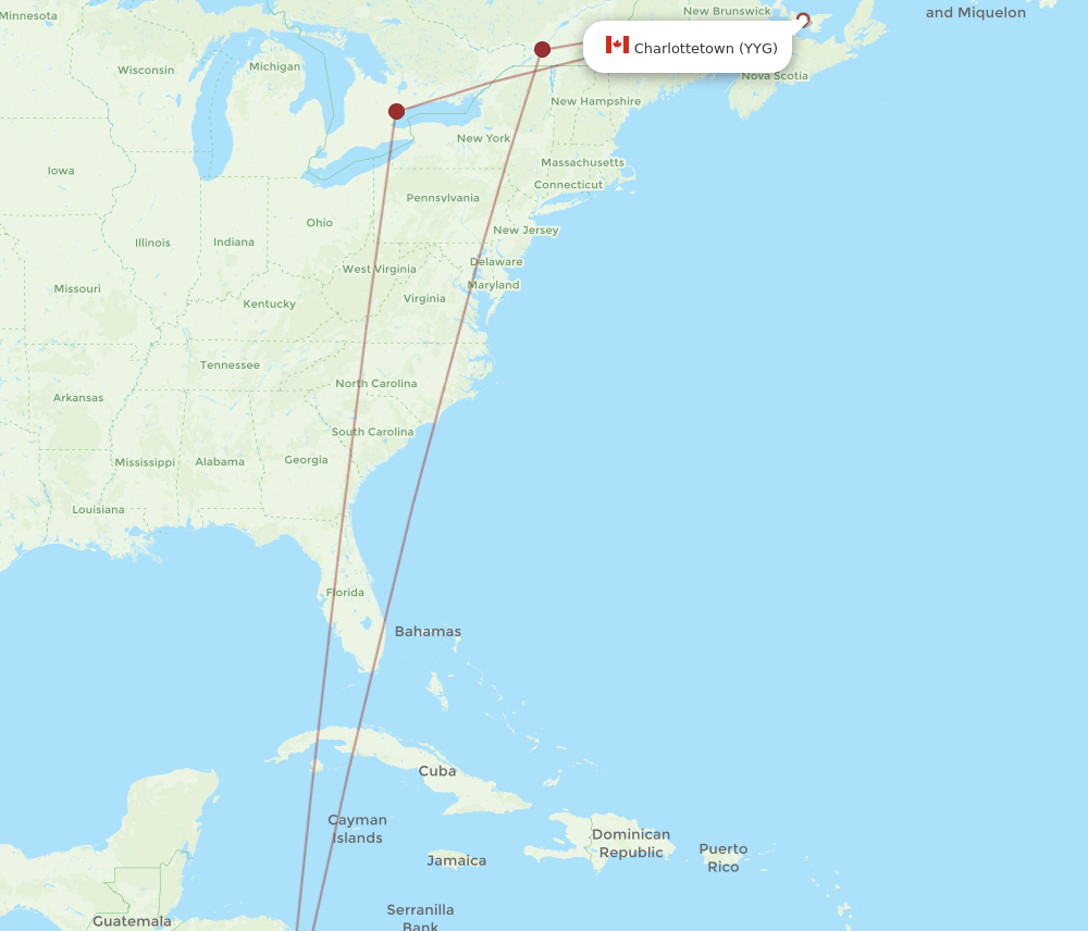Charlottetown - San Jose route map and flight paths