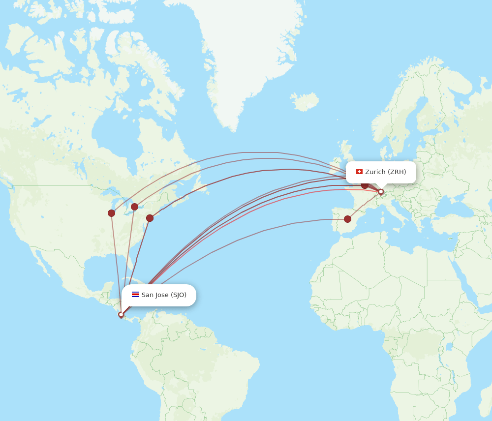 SJO to ZRH flights and routes map