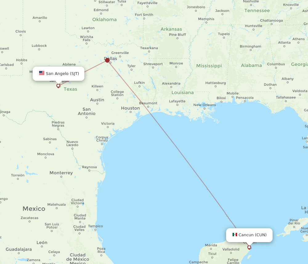 SJT to CUN flights and routes map