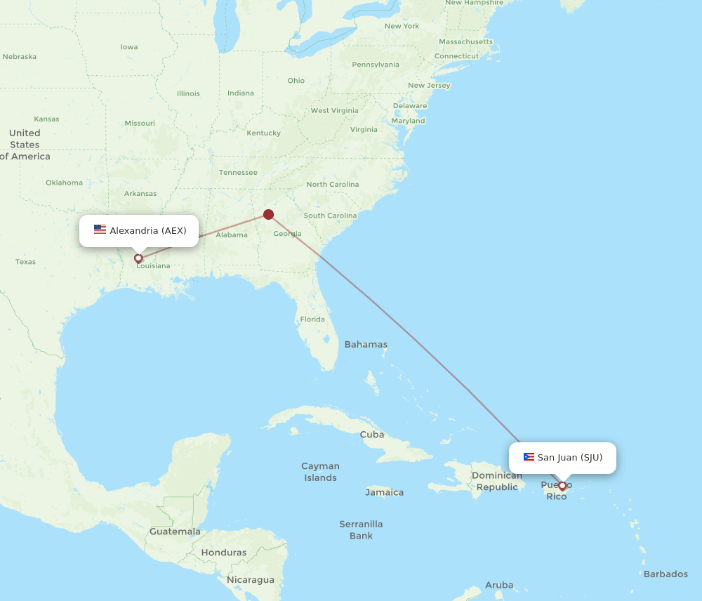 SJU to AEX flights and routes map