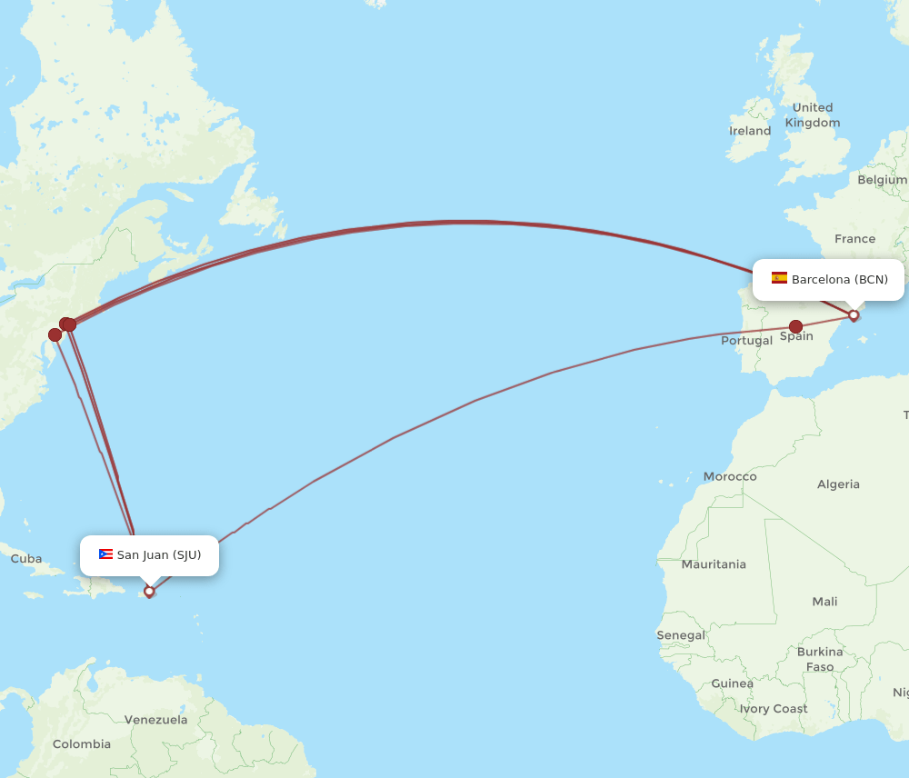 SJU-BCN flight routes