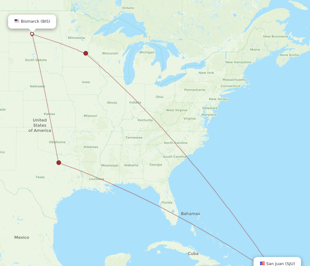 SJU to BIS flights and routes map