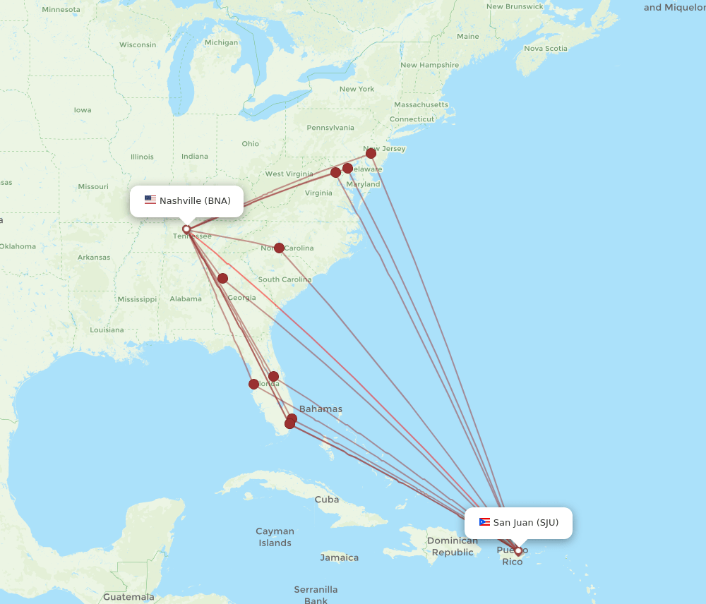 SJU-BNA flight routes