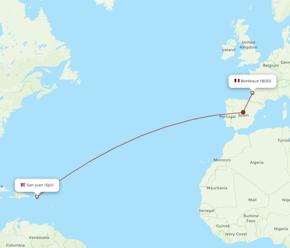 SJU-BOD flight routes