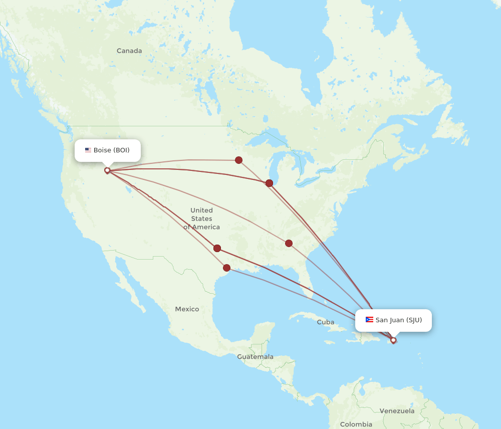 SJU to BOI flights and routes map
