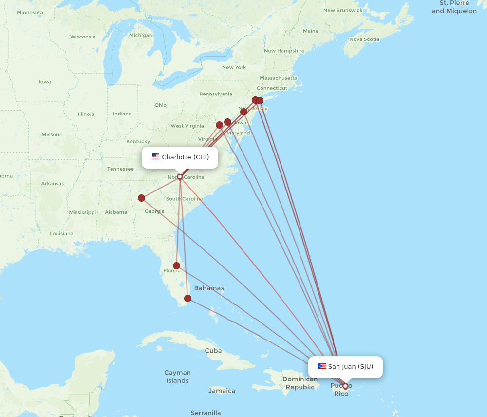 SJU to CLT flights and routes map