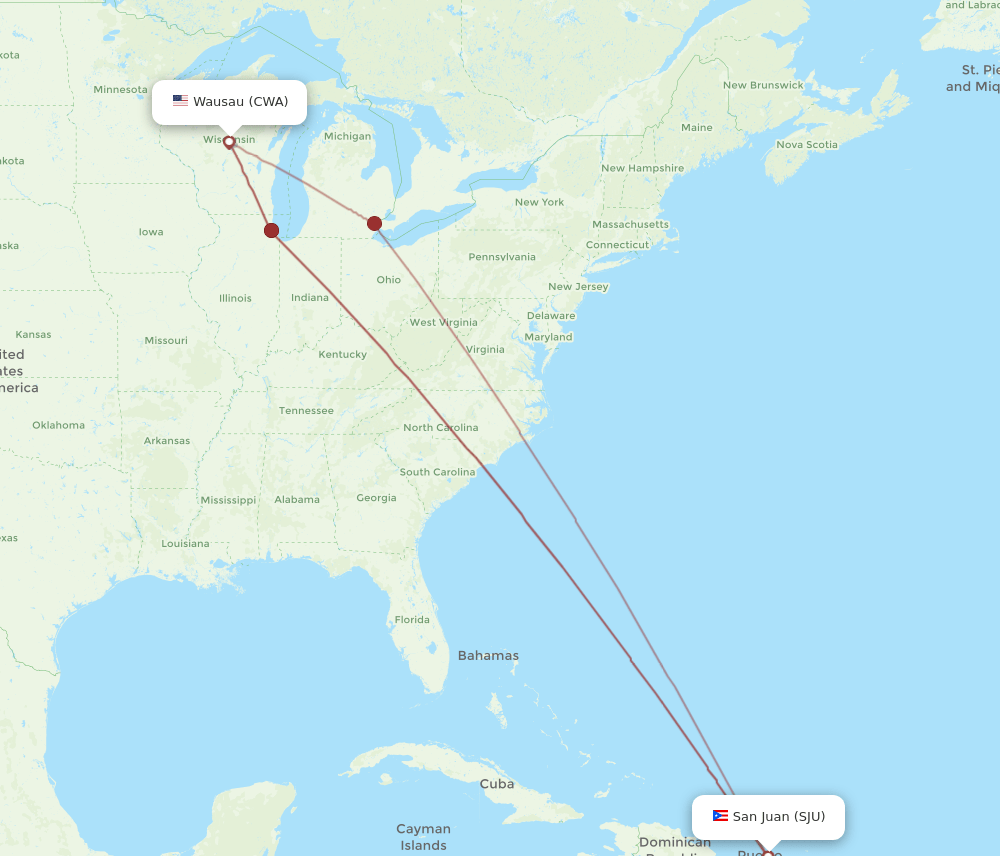 SJU to CWA flights and routes map