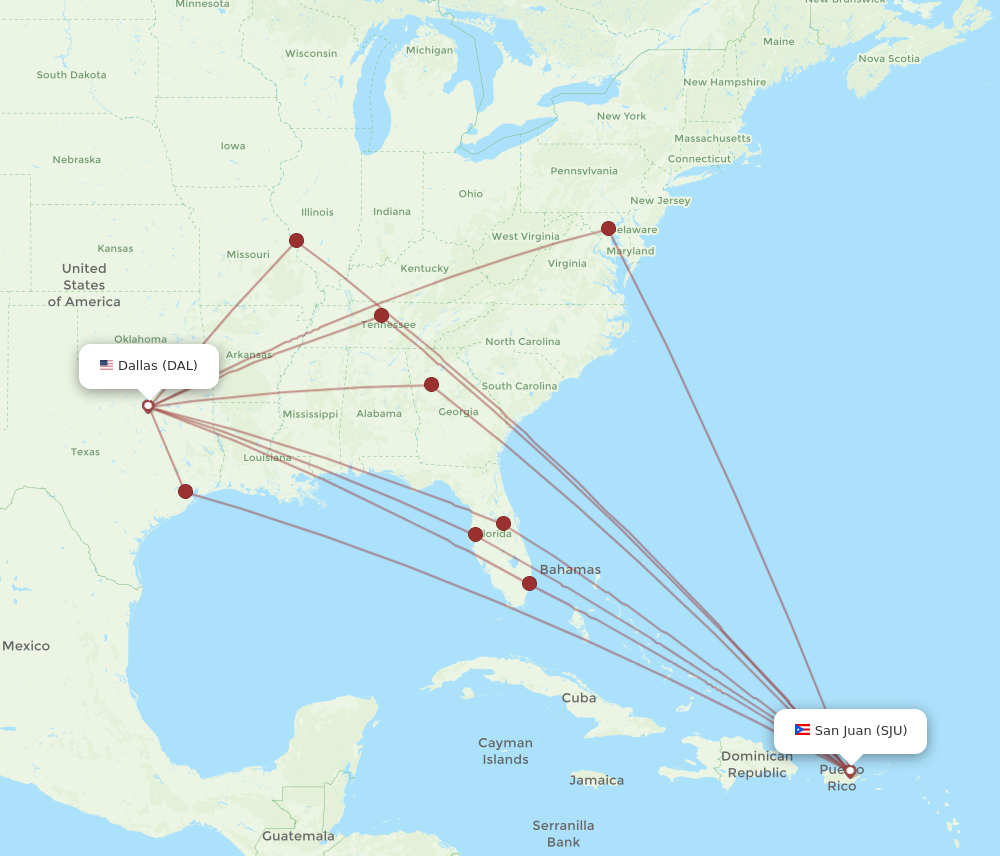 SJU to DAL flights and routes map