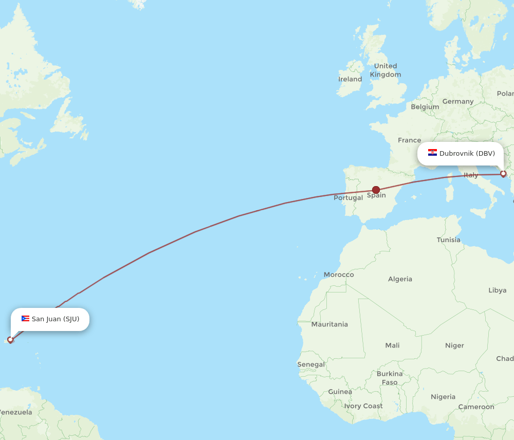 SJU to DBV flights and routes map