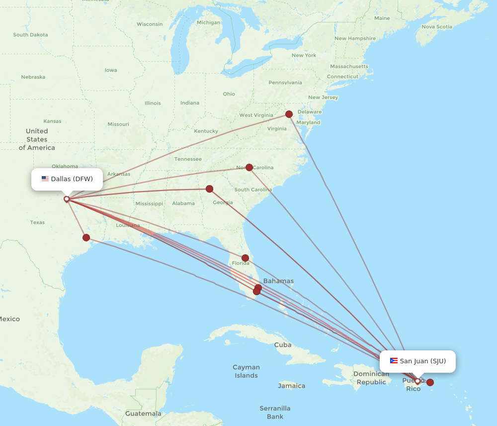 SJU to DFW flights and routes map