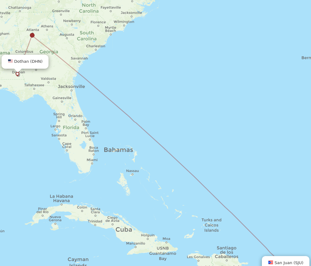 SJU to DHN flights and routes map