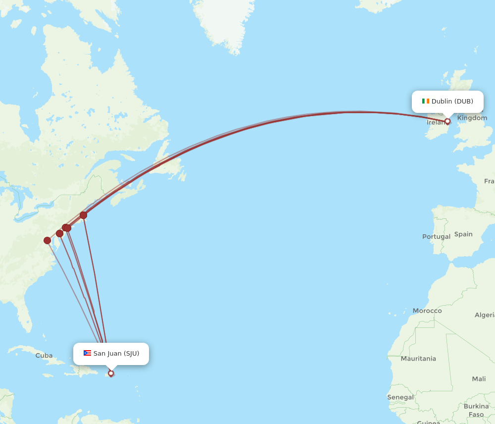 SJU to DUB flights and routes map