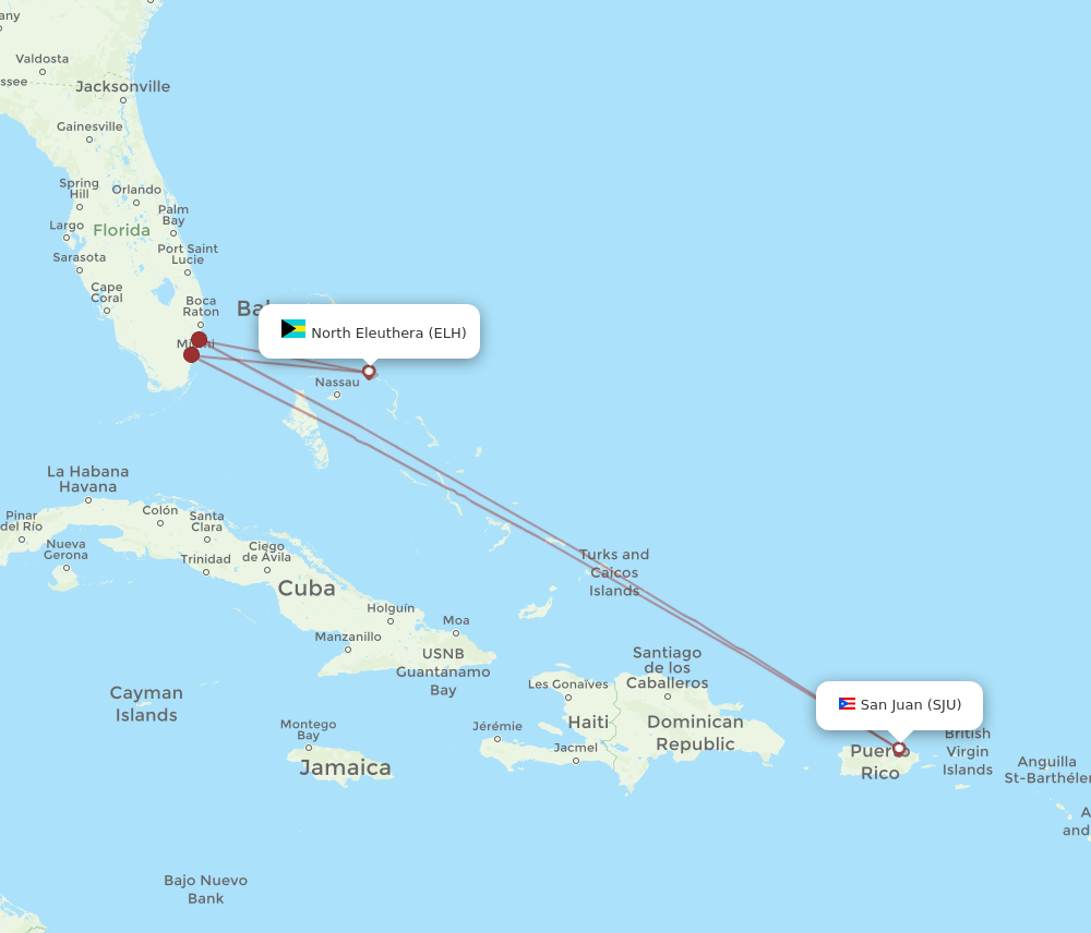 SJU to ELH flights and routes map