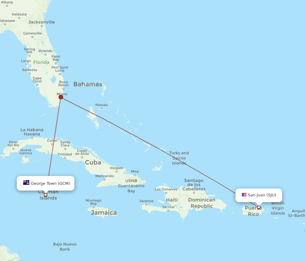 SJU to GCM flights and routes map