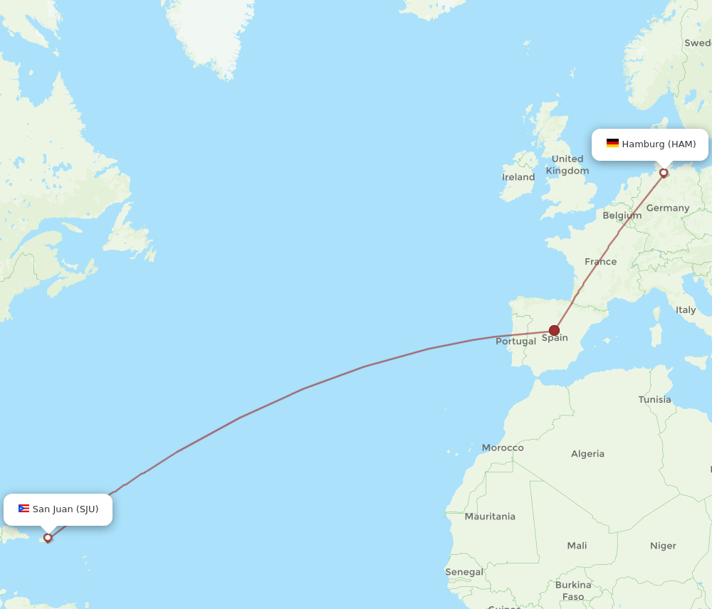 Hamburg - San Juan route map and flight paths