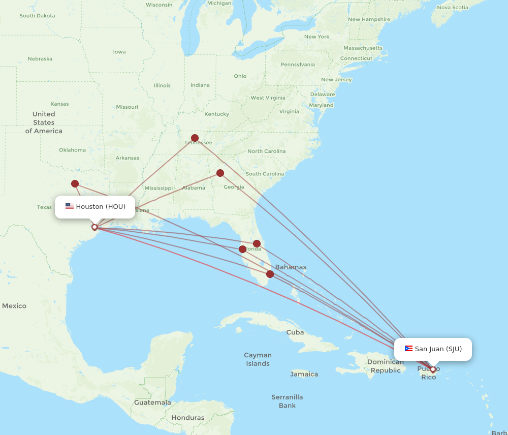 SJU to HOU flights and routes map